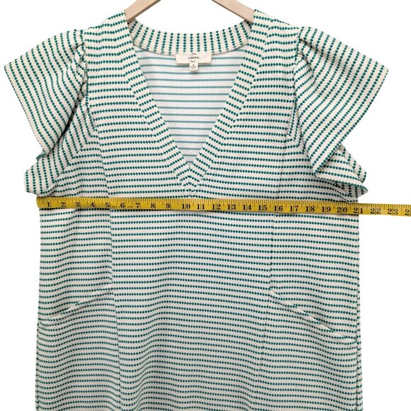Entro Flutter Sleeve Mini Dress Green Cream Dot Striped Pockets Textured Size M - Picture 7 of 9